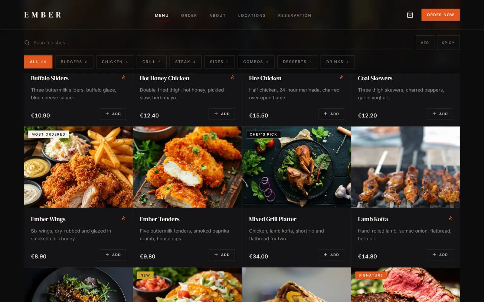 Menu — 36 dishes, search, category and dietary filters