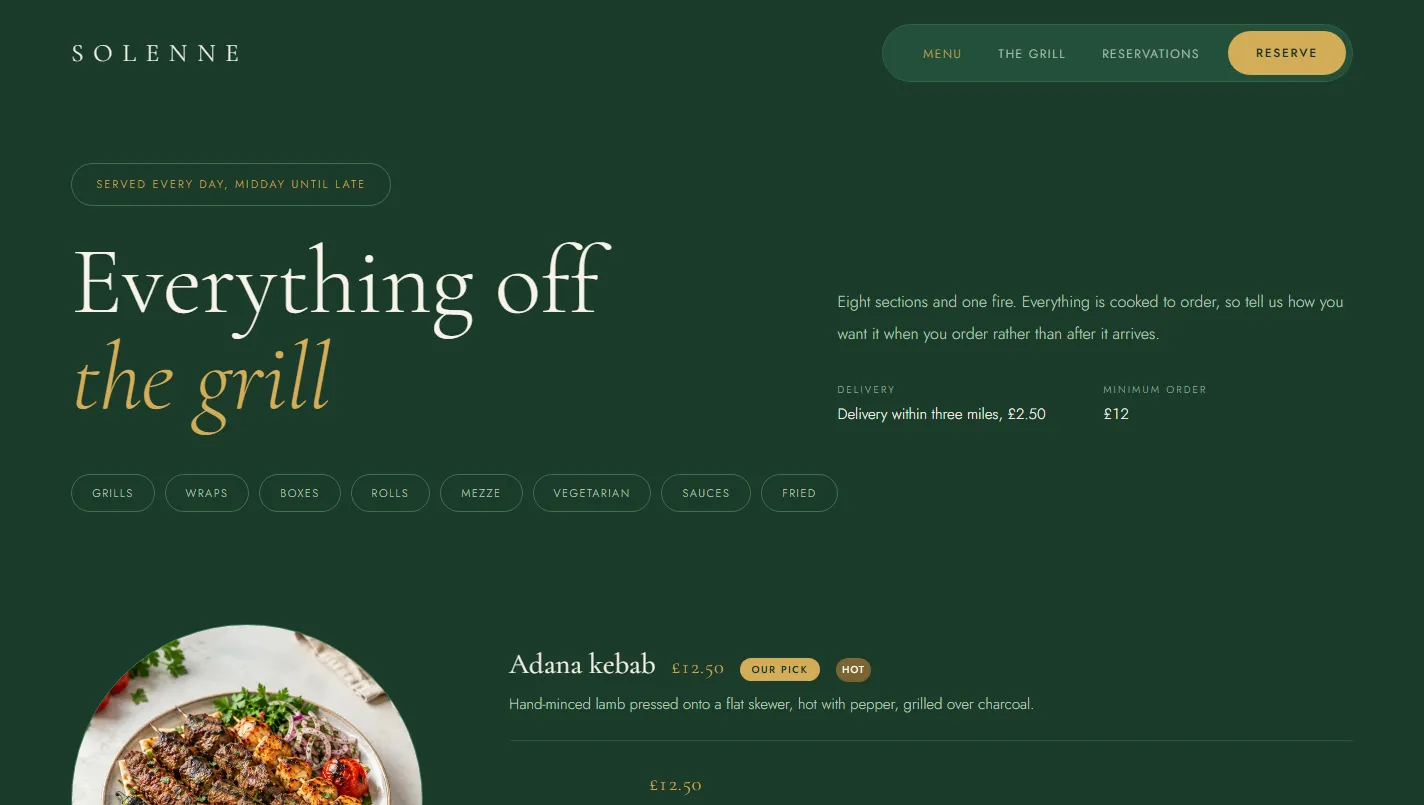 Menu — eight sections, each with its own photograph and a priced list beside it