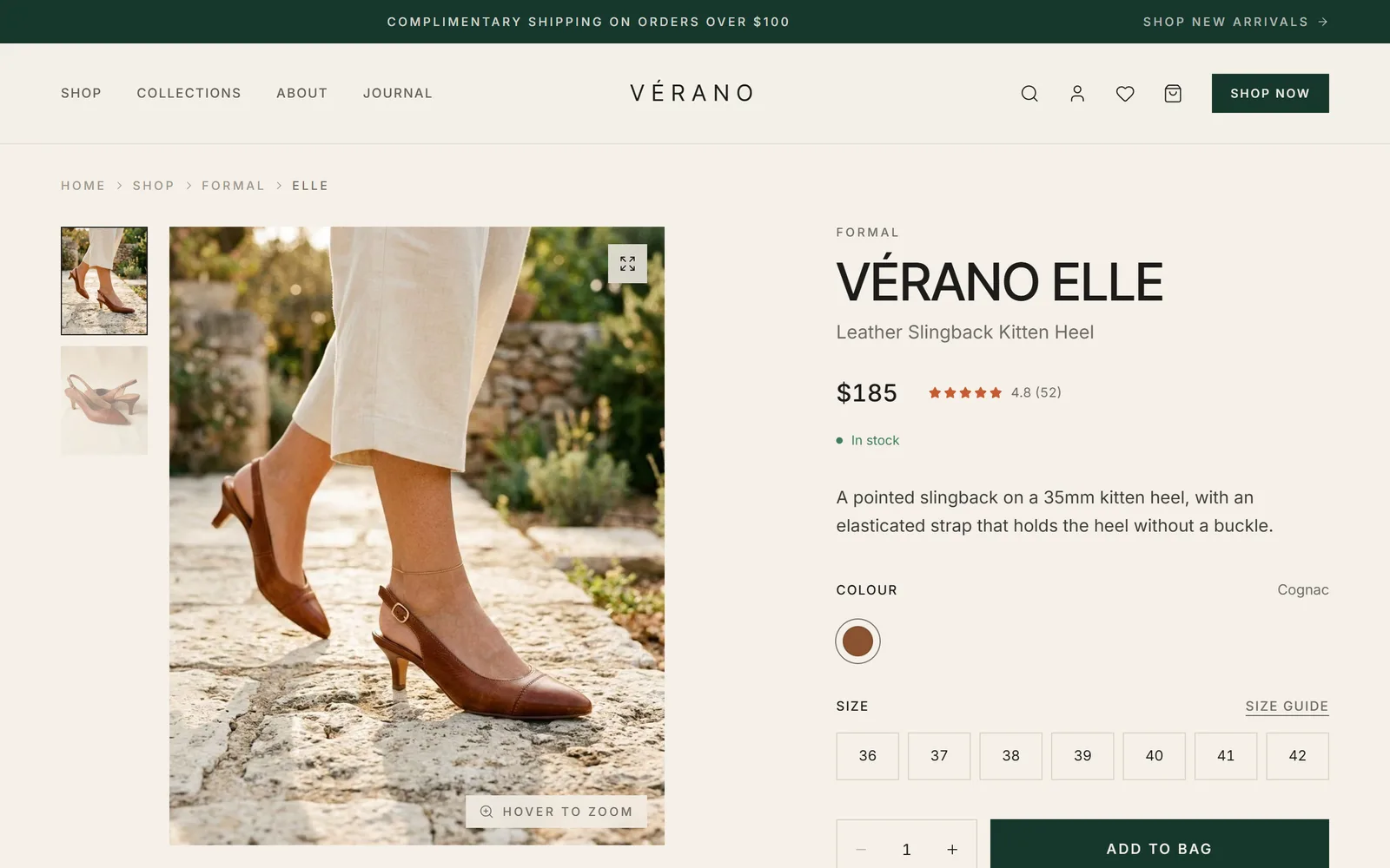 Product — gallery, colour and size selection, size guide
